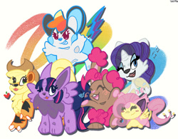 Size: 749x584 | Tagged: safe, artist:itsbootoon, applejack, fluttershy, pinkie pie, rainbow dash, rarity, twilight sparkle, g4, blush sticker, blushing, eyes closed, mane six, my little x, one eye closed, open mouth, open smile, pokefied, pokémon, simple background, smiling, species swap, white background, wink