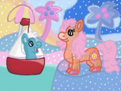 Size: 1600x1200 | Tagged: safe, artist:mintwhistle, clipper (g1), sunspot, earth pony, pony, g1, adventure, baby, baby pony, beach umbrella, boat, cloud, coat markings, coconut, colored hooves, colt, duo, duo male and female, female, foal, food, glittery, island, looking at each other, looking at someone, male, mare, medibang paint, meeting, no pupils, open mouth, open smile, palm tree, sailboat, smiling, sparkle ponies, sparkly, starry sky, stars, translucent, tree, umbrella, unshorn fetlocks