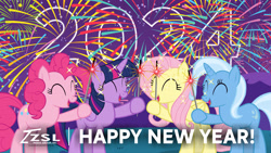 Size: 3840x2160 | Tagged: safe, artist:zslnews, fluttershy, pinkie pie, trixie, twilight sparkle, alicorn, earth pony, pegasus, pony, unicorn, g4, 2024, eyes closed, female, fireworks, happy new year, happy new year 2024, high res, holiday, twilight sparkle (alicorn)