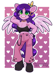 Size: 2898x3972 | Tagged: safe, alternate version, artist:partypievt, pipp petals, pegasus, anthro, g5, boots, bow, breasts, chains, choker, clothes, ear piercing, earring, eye clipping through hair, eyebrows, eyebrows visible through hair, hand on hip, high res, jewelry, looking at you, open mouth, open smile, outfit, piercing, pose, shoes, short shirt, signature, simple background, smiling, smiling at you, solo, spread wings, tiara, watermark, wings
