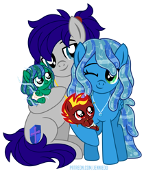 Size: 924x1100 | Tagged: safe, artist:jennieoo, oc, oc only, oc:maverick, oc:ocean soul, oc:scorched earth, oc:stormy gale, earth pony, pegasus, pony, adorable face, baby, baby pony, colt, couple, cute, diaper, family, family photo, female, filly, foal, hug, jewelry, lovers, male, mane of fire, mare, necklace, one eye closed, show accurate, simple background, smiling, soulverick, stallion, transparent background, vector, water mane, wink