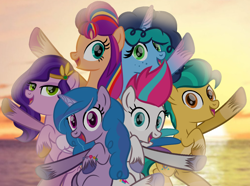 Size: 1280x951 | Tagged: safe, artist:berrysunlight, hitch trailblazer, izzy moonbow, misty brightdawn, pipp petals, sunny starscout, zipp storm, earth pony, pegasus, pony, unicorn, all bottled up, g4, g5, base used, best friends until the end of time, female, g5 to g4, generation leap, male, mane five, mane six (g5), mare, stallion
