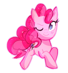 Size: 484x522 | Tagged: safe, artist:kaji-tanii, pinkie pie, earth pony, pony, g4, blush lines, blushing, female, looking at you, mare, one eye closed, simple background, smiling, solo, sparkly mane, transparent background, wink, winking at you