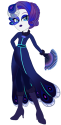 Size: 749x1536 | Tagged: safe, artist:berrysunlight, rarity, equestria girls, g4, alternate hairstyle, blue eyeshadow, boots, clothes, eyeshadow, fan, female, high heel boots, lipstick, makeup, mayura, miraculous ladybug, navy eyeshadow, purple lipstick, shoes, short hair, simple background, solo, transparent background
