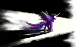 Size: 2963x1852 | Tagged: safe, artist:cyberpixel44, twilight sparkle, alicorn, pony, g4, abstract, ethereal mane, ethereal tail, female, flowing hair, flowing mane, flowing tail, glowing, glowing eyes, horn, immortality, long horn, mare, missing cutie mark, monochrome background, spread wings, tail, twilight sparkle (alicorn), wings