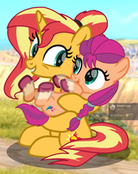 Size: 1446x1826 | Tagged: safe, artist:berrysunlight, sunny starscout, sunset shimmer, earth pony, pony, unicorn, g4, g5, cute, female, g5 to g4, generation leap, headcanon, jossed, mother and child, mother and daughter, sunnybetes
