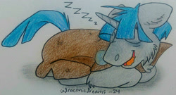 Size: 2612x1410 | Tagged: safe, artist:draconicdreamsart, stygian, pony, unicorn, g4, cloak, clothes, eyes closed, lying down, male, onomatopoeia, open mouth, sleeping, solo, sound effects, stallion, traditional art, zzz