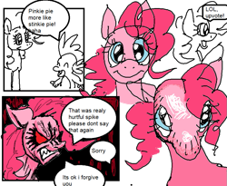 Size: 837x685 | Tagged: safe, artist:dhovorei, pinkie pie, spike, dragon, earth pony, pony, g4, >:), angry, blue eyes, comic, duo, ears back, ms paint, red eyes, shadow, simple background, speech bubble, text