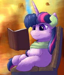 Size: 1945x2289 | Tagged: safe, artist:gosha305, twilight sparkle, pony, g4, autumn, bench, book, cheek fluff, chest fluff, clothes, cute, ear fluff, earmuffs, female, fluffy, full body, high res, horn, leaves, lying down, mare, park, prone, reading, scarf, smiling, solo, twiabetes