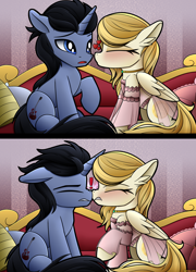 Size: 2000x2782 | Tagged: safe, artist:andaluce, oc, oc only, oc:sunny northfleet, oc:trent, pegasus, pony, unicorn, 2 panel comic, awkward, blushing, bonk, clothes, comic, cute, dress, duo, ear fluff, exclamation point, eyes closed, fail, female, floppy ears, high res, kissing, male, mare, nose wrinkle, oc x oc, shipping, stallion, straight