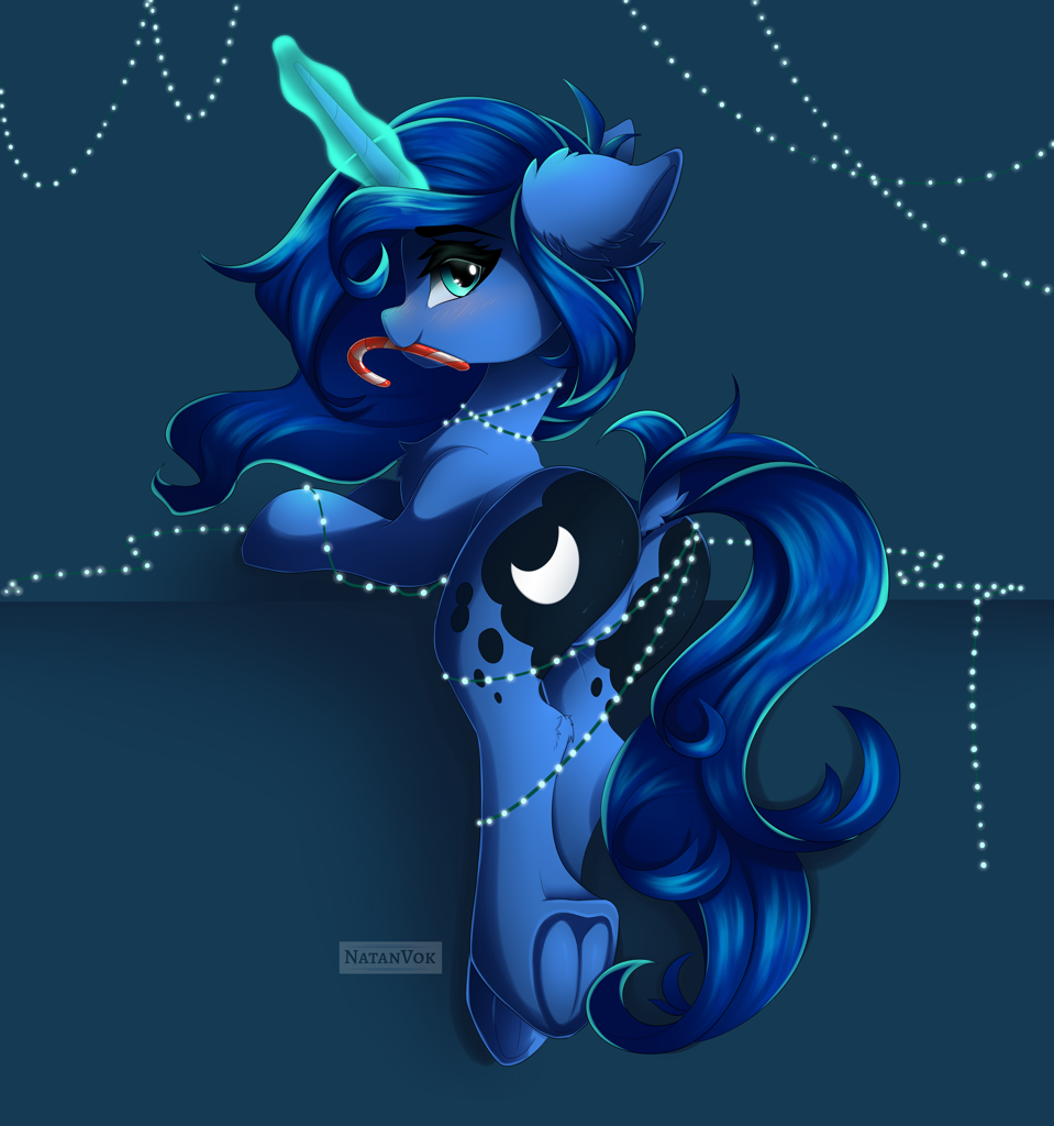 [blushing,butt,candy,candy cane,chest fluff,cute,dock,eyebrows,featureless crotch,female,food,g4,glowing,glowing horn,horn,looking at you,looking back,magic,magic aura,mare,mouth hold,plot,pony,princess luna,race swap,safe,solo,tail,unicorn,wingless,ear fluff,underhoof,lunabetes,frog (hoof),looking back at you,smiling,smiling at you,absurd resolution,leg fluff,eyebrows visible through hair,string lights,unicorn luna,artist:natanvok]