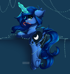 Size: 5320x5680 | Tagged: safe, artist:natanvok, princess luna, pony, unicorn, g4, absurd resolution, blue background, blushing, butt, candy, candy cane, chest fluff, cute, dock, ear fluff, eyebrows, eyebrows visible through hair, featureless crotch, female, food, frog (hoof), glowing, glowing horn, horn, leg fluff, looking at you, looking back, looking back at you, lunabetes, magic, magic aura, mare, mouth hold, plot, race swap, simple background, smiling, smiling at you, solo, string lights, tail, underhoof, unicorn luna, wingless
