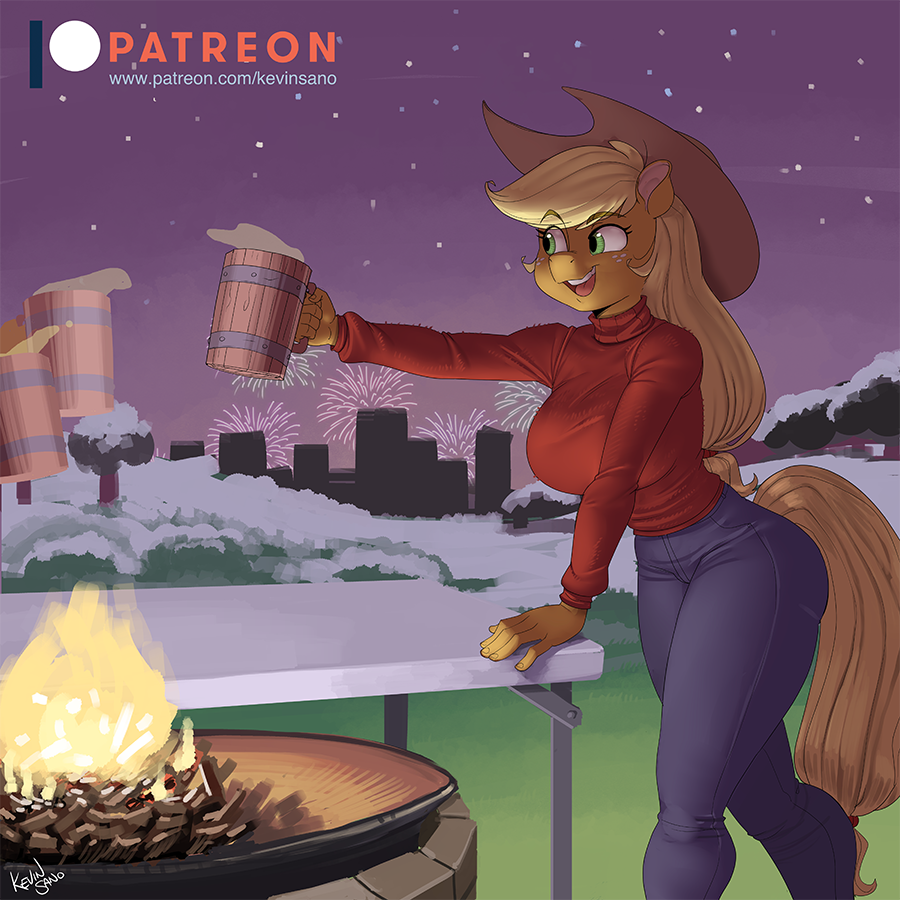 [anthro,applejack,artist:kevinsano,breasts,clothes,earth pony,female,fire,fireworks,mug,night,open mouth,safe,solo,sweater,wide hips,offscreen character,busty applejack]