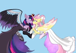 Size: 2048x1423 | Tagged: safe, artist:bobatired, fluttershy, twilight sparkle, alicorn, pony, g4, alicornified, blue background, clothes, dress, duo, female, fluttercorn, lesbian, looking at each other, looking at someone, mare, puella magi madoka magica, race swap, ship:twishy, shipping, simple background, twilight sparkle (alicorn)