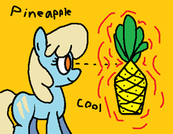 Size: 464x358 | Tagged: safe, artist:purppone, sassaflash, earth pony, pony, g4, female, food, mare, ms paint, orange background, pineapple, simple background, solo, text, wingless