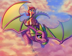 Size: 1938x1506 | Tagged: safe, artist:lemoocado, spike, sunny starscout, dragon, earth pony, pony, g5, cloud, female, flying, male, mane stripe sunny, mare, riding a dragon, sky, smiling, spike (g5), spread wings, unshorn fetlocks, wings, year of the dragon