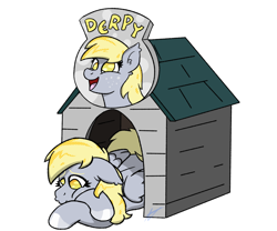 Size: 900x750 | Tagged: safe, artist:aj flame ss6, derpy hooves, pegasus, pony, g4, behaving like a dog, cross-eyed, crossed hooves, doghouse, family guy, female, go to your peter house, lying down, mare, meme, prone, simple background, white background
