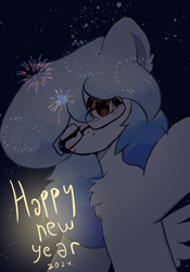 Size: 1400x2000 | Tagged: safe, artist:be_yourself, oc, oc:altersmay earth, pegasus, pony, blushing, chest fluff, cute, earthbetes, fireworks, glasses, happy new year, happy new year 2024, holiday, looking at you, one eye closed, pegasus oc, planet ponies, ponified, ponified oc, solo, space, stars, wings, wink