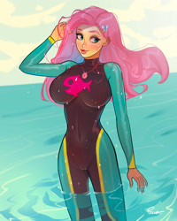 Size: 3200x4000 | Tagged: safe, artist:joe pekar, part of a set, fluttershy, human, equestria girls, equestria girls specials, g4, my little pony equestria girls: better together, my little pony equestria girls: forgotten friendship, big breasts, breasts, busty fluttershy, clothes, geode of fauna, hair ornament, magical geodes, multiple variants, ocean, raised hand, solo, swimsuit, water, wetsuit