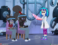 Size: 4000x3090 | Tagged: safe, artist:dieart77, dj pon-3, vinyl scratch, oc, oc:ebony darkness, oc:shadow dancer, human, equestria girls, g4, clothes, goggles, headband, lab coat, mind control, restraints, swirly eyes, tech control