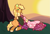 Size: 841x564 | Tagged: safe, artist:queerhorses, applejack, sugar belle, earth pony, pony, unicorn, g4, accessory swap, cowboy hat, cuddling, duo, duo female, female, hat, lesbian, looking at each other, looking at someone, lying down, mare, on side, shipping, sitting, straw in mouth, sugarjack, sunset, tree