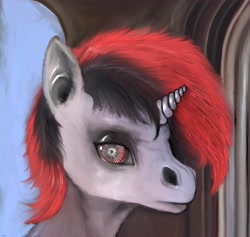 Size: 4931x4671 | Tagged: safe, artist:ptichnick, oc, oc only, oc:blackjack, pony, unicorn, fallout equestria, fallout equestria: project horizons, bust, eyes open, fanfic art, female, horn, mare, portrait, red eyes, solo, unicorn horn