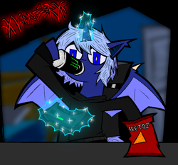 Size: 1522x1420 | Tagged: safe, artist:xxv4mp_g4z3rxx, oc, oc only, alicorn, bat pony, bat pony alicorn, pony, bat wings, bed, blue coat, blue mane, blue tail, blurry background, chips, clothes, controller, door, doritos, drink, energy drink, food, gamer, horn, indigo eyes, long sleeves, magic, monster energy, signature, solo, spread wings, tail, telekinesis, turtleneck, wings