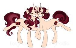 Size: 2600x1651 | Tagged: safe, artist:lesghostie, oc, oc only, oc:dipsy flam, oc:tinky flam, pony, unicorn, concave belly, crack ship offspring, duo, duo female, female, grin, lipstick, mare, offspring, parent:flam, parent:sapphire shores, siblings, simple background, sisters, smiling, transparent background