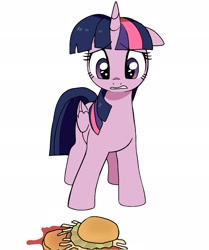 Size: 1713x2048 | Tagged: safe, artist:cheesesauce_45, twilight sparkle, alicorn, pony, g4, adorable distress, burger, cute, dropped, female, floppy ears, food, hay burger, looking at something, looking down, mare, sad, simple background, solo, twiabetes, twilight burgkle, twilight sparkle (alicorn), white background