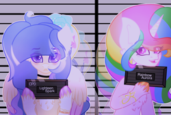 Size: 2656x1800 | Tagged: safe, artist:lighteespark, artist:moonlightshineyt123, oc, oc only, oc:lighteen spark, oc:rainbow aurora, pegasus, pony, unicorn, duo, duo female, female, mare, mugshot