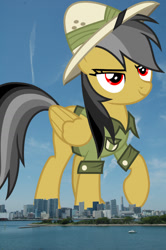 Size: 686x1032 | Tagged: safe, artist:cloudy glow, edit, editor:jaredking779, daring do, pegasus, pony, g4, attack on pony, clothes, female, folded wings, giant pony, giantess, hat, highrise ponies, irl, japan, looking at you, macro, mare, photo, pith helmet, ponies in real life, raised hoof, red eyes, smiling, smiling at you, solo, story included, tokyo, wings