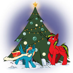 Size: 2000x2000 | Tagged: safe, artist:erein, oc, oc only, oc:dark, oc:storm, changeling, pegasus, pony, changeling oc, christmas, christmas lights, christmas tree, colored, commission, cute, duo, ears up, eyes closed, flat colors, happy, high res, holiday, male, multicolored hair, outdoors, parents:canon x oc, pegasus oc, snow, string lights, tree, wings