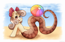 Size: 4664x3030 | Tagged: safe, artist:madelinne, oc, oc:dandelion "buttercup", lamia, original species, ball, beach, beach ball, bow, cloud, cute, female, flower, flower in hair, hair bow, happy, looking at you, ocbetes, open mouth, open smile, sand, sky, smiling, smiling at you, solo
