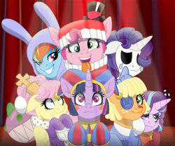Size: 2163x1796 | Tagged: safe, artist:faitheverlasting, applejack, fluttershy, pinkie pie, rainbow dash, rarity, spike, starlight glimmer, twilight sparkle, alicorn, dragon, earth pony, pegasus, pony, unicorn, g4, alternate eye color, alternate hairstyle, animal costume, beady eyes, blush sticker, blushing, bow, bubble, bubble (tadc), bunny costume, bunny ears, button eyes, caine (tadc), clothes, cosplay, costume, crossover, crying, curtains, derp, dress, female, floppy ears, gangle, grin, group shot, hair bow, hat, heterochromia, hoof gloves, jax (tadc), jester, jester hat, jester outfit, kigurumi, kinger, mane six, mare, mask, mismatched eyes, open mouth, open smile, patch, pomni, ragatha, ringmaster, robes, sharp teeth, smiling, species swap, teeth, the amazing digital circus, tongue out, top hat, twilight sparkle (alicorn), worried, zooble