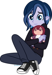 Size: 1920x2769 | Tagged: safe, artist:limedazzle, oc, oc only, oc:allen, oc:janey, human, equestria girls, g4, blue eyes, clothes, cute, eye clipping through hair, hoodie, multicolored hair, ocbetes, pants, plushie, shirt, simple background, trainers, transparent background