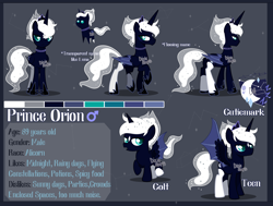 Size: 4552x3439 | Tagged: safe, artist:dixieadopts, oc, oc:orion, alicorn, pony, colt, foal, hybrid wings, male, offspring, parent:lord tirek, parent:princess luna, reference sheet, solo, stallion, wings