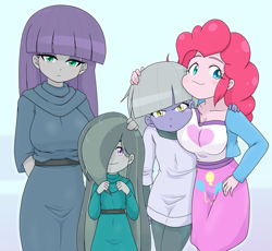 Size: 2511x2313 | Tagged: safe, artist:batipin, limestone pie, marble pie, maud pie, pinkie pie, human, equestria girls, g4, :3, breast squish, breasts, busty maud pie, busty pinkie pie, cleavage, equestria girls-ified, family photo, female, hair over one eye, high res, hug, looking at you, pie sisters, siblings, sisters, squishy cheeks