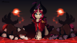 Size: 2560x1440 | Tagged: safe, artist:anoraknr, lord tirek, oc, oc:haemella, earth pony, pony, unicorn, bowing, clothes, cultist, eyes closed, hoodie, looking at you, pentagram, red mane, ritual