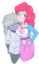 Size: 1447x2354 | Tagged: safe, artist:batipin, limestone pie, pinkie pie, human, equestria girls, g4, :3, breast squish, breasts, busty pinkie pie, duo, duo female, equestria girls-ified, female, hug, limestone pie is not amused, pie sisters, siblings, simple background, sisters, squishy cheeks, transparent background, unamused