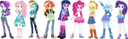 Size: 1615x495 | Tagged: safe, artist:tylerajohnson352, applejack, fluttershy, pinkie pie, rainbow dash, rarity, starlight glimmer, sunset shimmer, trixie, twilight sparkle, human, equestria girls, g4, belt, boots, clothes, converse, cowboy boots, cowboy hat, eqg promo pose set, hat, high heel boots, jacket, shirt, shoes, simple background, skirt, sneakers, socks, transparent background, vest