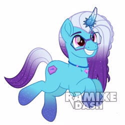 Size: 2560x2560 | Tagged: safe, artist:ramixe dash, comet (g5), auroricorn, pony, g4, g5, g5 to g4, generation leap, glasses, high res, male, simple background, solo, stallion, toothy grin, white background
