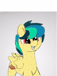 Size: 3120x4160 | Tagged: safe, artist:psychotix, artist:thatmlpartist, color edit, edit, editor:bazza, editor:zestymf, oc, oc only, oc:apogee, pegasus, pony, colored, eyes open, feathered wings, female, freckles, happy, looking away, mare, multicolored hair, older, older oc:apogee, pegasus oc, pegasus wings, pony oc, recolor, simple background, small wings, smiling, solo, spread wings, teeth, white sclera, wings