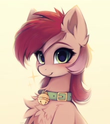 Size: 1810x2048 | Tagged: safe, artist:lerkfruitbat, roseluck, earth pony, pony, g4, bell, bell collar, blushing, chest fluff, collar, cute, ear fluff, female, looking at you, mare, pony pet, rosabetes, rosepet, smiling, smiling at you, solo, sparkles