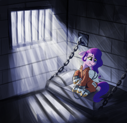Size: 2236x2164 | Tagged: safe, artist:blankedsoul, pipp petals, pegasus, pony, g5, bound wings, chained, chains, clothes, commissioner:rainbowdash69, crying, cuffed, cuffs, female, high res, jail, jail cell, jumpsuit, mare, never doubt rainbowdash69's involvement, pillow, prison, prison cell, prison outfit, prisoner, prisoner pipp, shackles, solo, wings