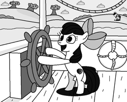 Size: 706x567 | Tagged: safe, artist:starwarriorjian, apple bloom, applejack, earth pony, pony, g4, bipedal, boat, female, filly, foal, grayscale, life preserver, mare, monochrome, open mouth, solo, steamboat willie, steering wheel, tree