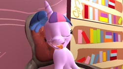 Size: 1366x768 | Tagged: safe, artist:somnofeetia8, twilight sparkle, alicorn, series:don't mess with twilight, g4, 3d, ahegao, bookshelf, chair, description is relevant, eyes closed, faint, fainted, open mouth, pleasure, solo, story included, tongue out, twilight sparkle (alicorn)