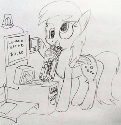 Size: 2609x2696 | Tagged: safe, artist:dhm, derpy hooves, pegasus, pony, g4, bread, drawthread, food, groceries, grocery store, high res, monochrome, shopping, sketch, solo, traditional art