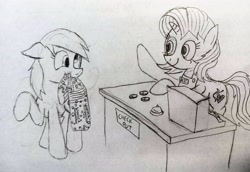 Size: 3992x2745 | Tagged: safe, artist:dhm, derpy hooves, oc, oc:lily heartstrings, pony, g4, bits, bread, cashier, drawthread, food, groceries, grocery store, high res, monochrome, shopping, sketch, traditional art, wave