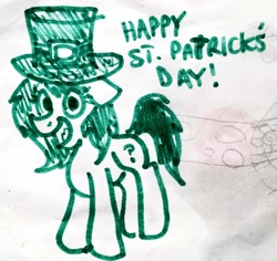 Size: 3159x2979 | Tagged: safe, artist:dhm, oc, oc:filly anon, pony, female, filly, high res, holiday, marker drawing, monochrome, saint patrick's day, solo, text, traditional art