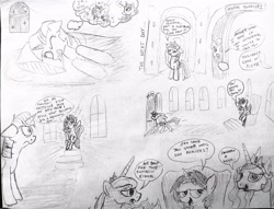 Size: 3913x2989 | Tagged: safe, artist:dhm, princess celestia, princess luna, twilight sparkle, oc, oc:filly anon, alicorn, pony, g4, bet, canterlot castle, comic, drawthread, female, filly, high res, monochrome, nightmare, prank, princess, sketch, sleeping, speech bubble, text, throne, traditional art, twilight sparkle (alicorn)